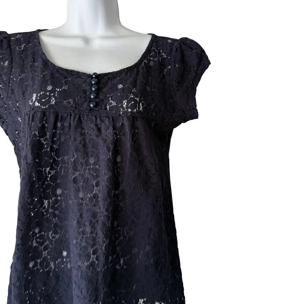 Studio Y Shirt Y2k Small Lace Floral Cap Sleeve‎ Semi Sheer Babydoll Top